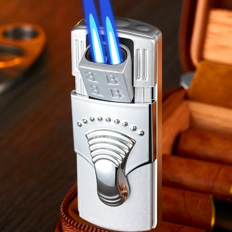 Dual Flame Cigar Torch Lighter Windproof Recessed Ignition Butane Gas & Refueling Lighter Valve Gifts for Men Survival Gear