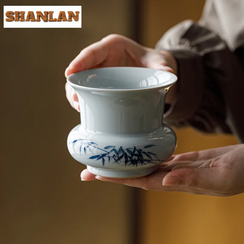 

360ml Hand Painted Blue Bamboo Jianshui Tea Wash Writing-brush Washer Water Washing Slag Tank Household Chaxi Decoration Craft