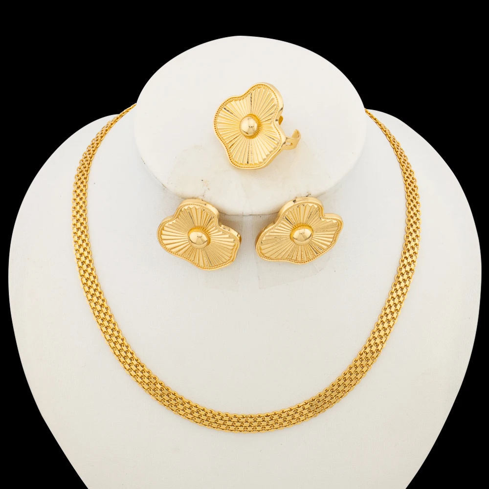 

18K Gold Plated Earrings Necklace Jewelry Set for Women, Clip Earrings & Finger Ring 2Pcs, Elegant Jewellery Woman Gift for Enga