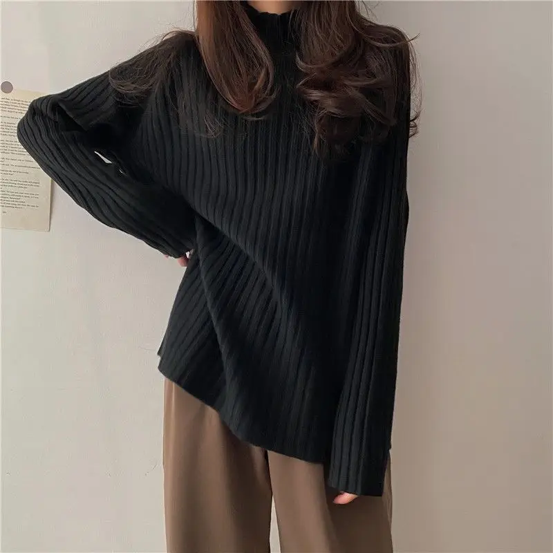 Autumn Winter Fashion All-match Long Sleeve Loose Sweaters Women Clothing Elegant Chic Turtleneck Pullover Casual Solid Knit Top