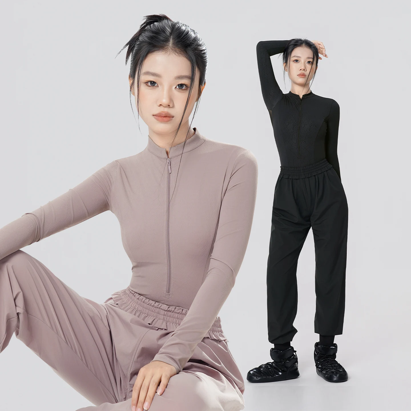 

Women Zipper Ballet Leotards Adult Long Sleeve Back Mesh Dance Leotard Gymnastics Leotards Stand Collar Dance Bodysuits