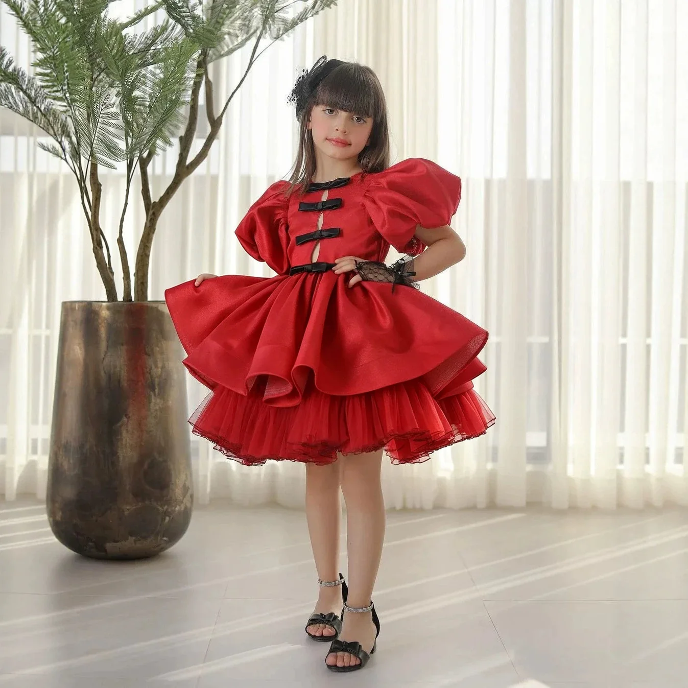 Girl's Red Design Sense Princess Dress Foreign Trade Children's Show Birthday Festive Dress Puff Sleeve Tutu Dress