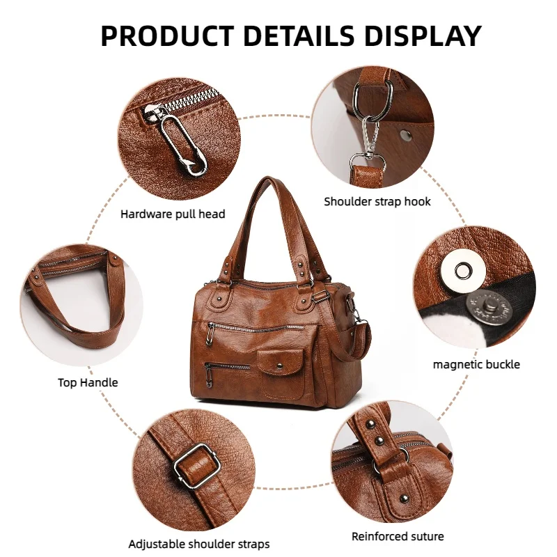 Modische Damen-Umhängetasche aus weichem Leder, große Kapazität, mehrere Außentaschen, abnehmbarer Riemen, Crossbody-Handtasche für den Alltag – Detail 10
