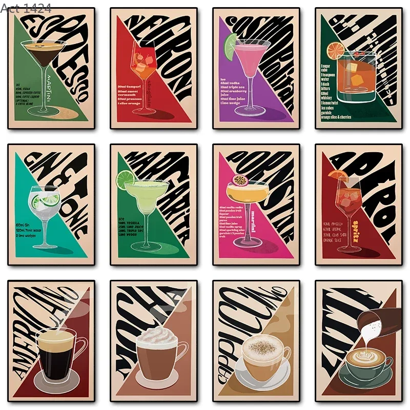 Vintage Cocktail Canvas Painting Drinks Espresso Martini Aperol Spritz Retro Alcohol Posters Prints Bar Club Wall Art Decor