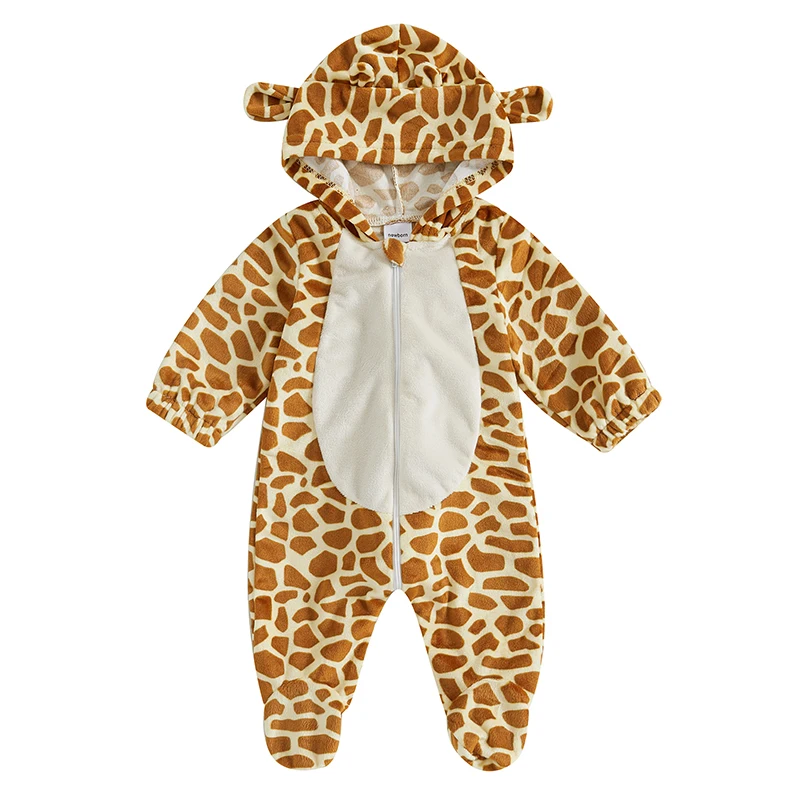 Baby Girls Boys Footies Rompers Christmas Clothes Elk Shaped Hooded Long Sleeve Infant Fall Bodysuits