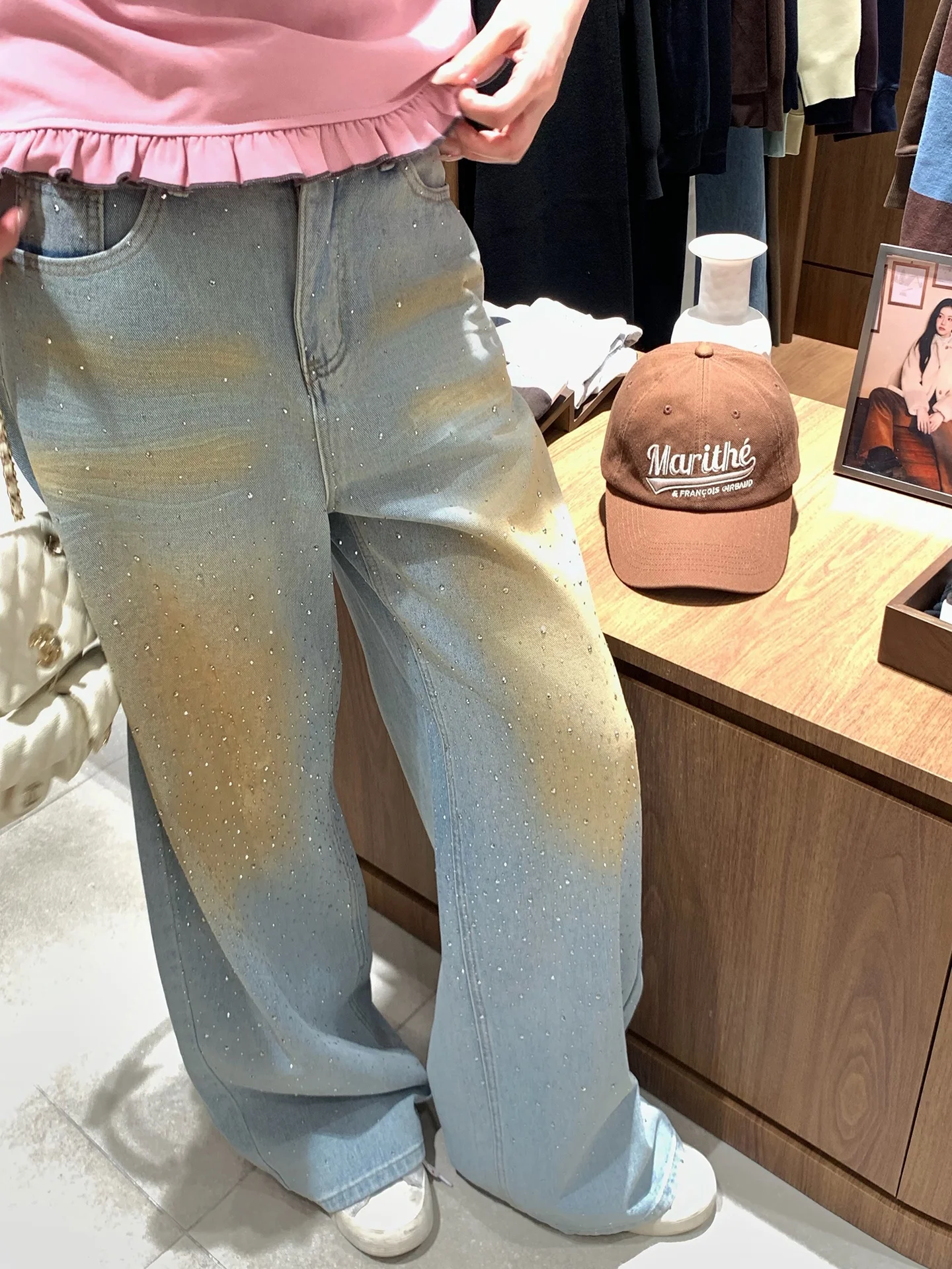 

American Sle Faux Dirt Loose Women's Jeans Sparkling Rhinestones Design Heavy Du Long Pants Ladies Casual Trousers