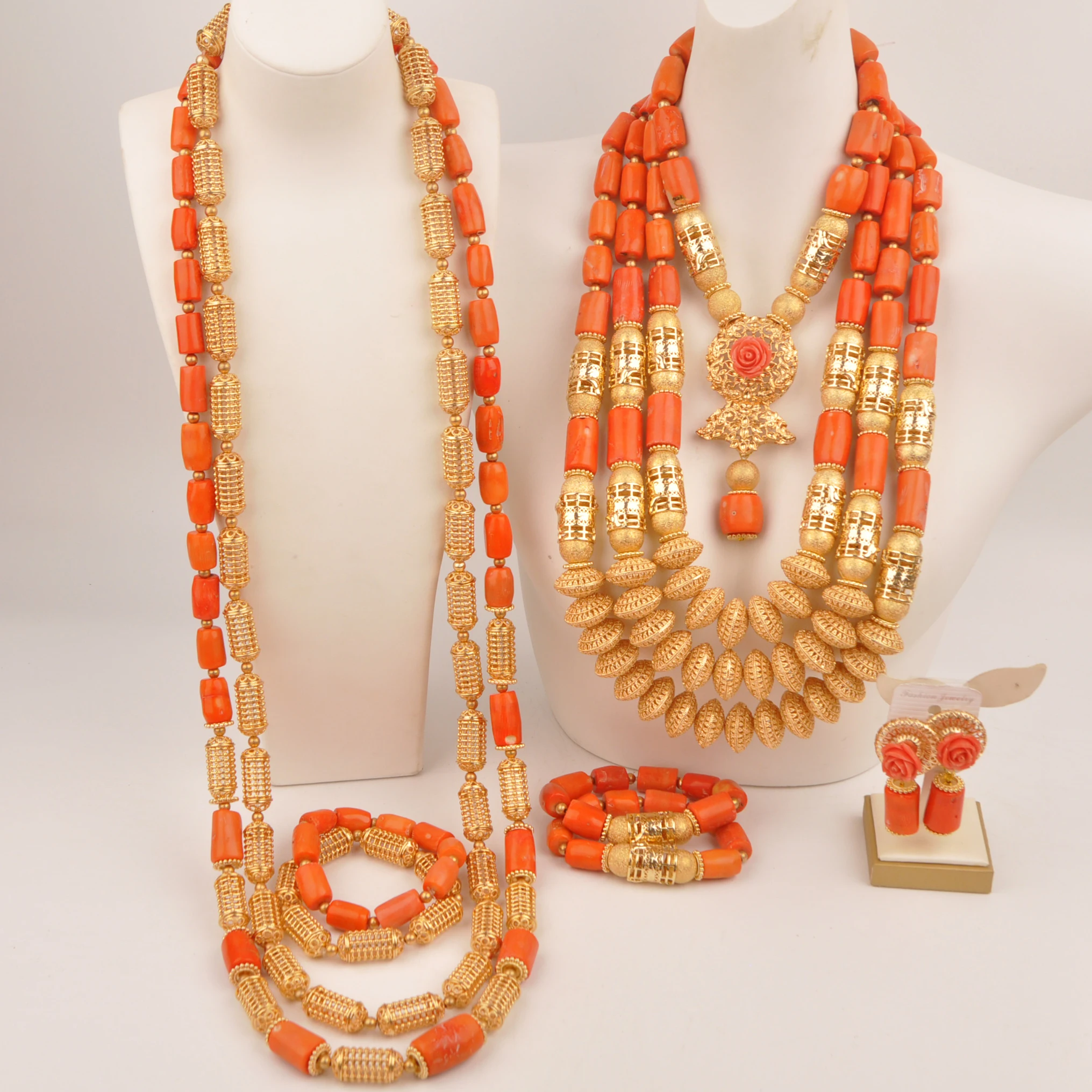 Orange coral bead Groom Jewelry Bridal Set african wedding necklace