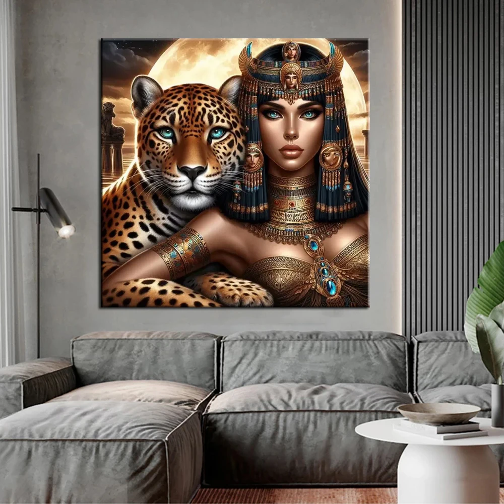 Cleopatra and Leopard 5d DIY Full Diamond Painting Queen of Ancient Egypt Cross Stitch Kits New 2024 Mosaic Diamond Embroidery