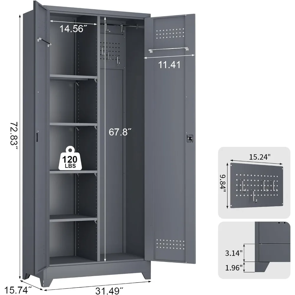 ตู้เก็บของโลหะทรงสูงมีประตู ตู้เก็บไม้กวาดพร้อมแผ่นเพ็กบอร์ดแบบถอดได้ ราวแขวน และตะขอรูปตัว S เพื่อการใช้งานที่สะดวก