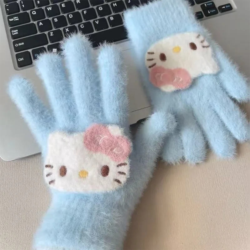 

Kawaii Hello Kitty Coral Velvet Gloves Ins Women's Winter Velvet Cycling Warmth Cute Finger Anti Cold Knitted Gloves Gift