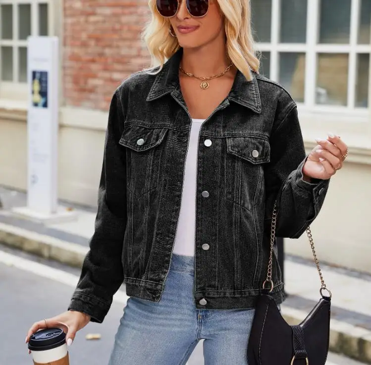 

Fashion New Slim Fit Washed Short Long Sleeved Denim Jacket Simple Commuting Retro Casual Denim Jacket for Women