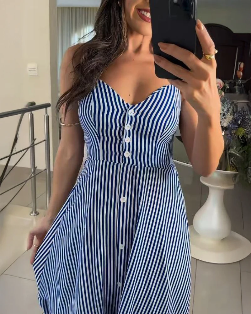 

Women's Dress 2025 Spring Summer Latest Striped Print V Neck Button Front Dress Casual Spaghetti Strap Maxi Dress Long Skirt