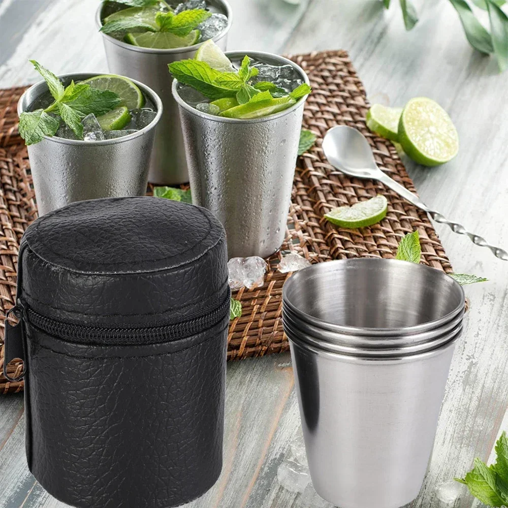 

4 Pcs/Set Polished 70Ml Mini Stainless Steel Shot Glass Cup Drinking Wine Glasses With Leather Cover Bag For Kitchen Mug cup