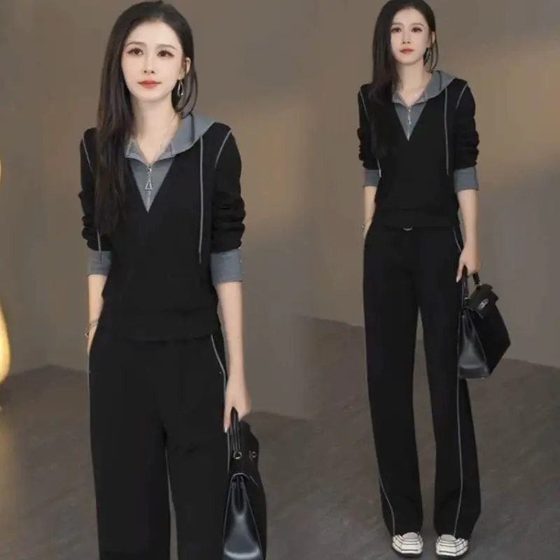 Casual Cotton-Like Wide Leg Pants Set for Women Long Sleeve Sporty Two-Piece Spring Autumn Leisure Outfit Female Fashion