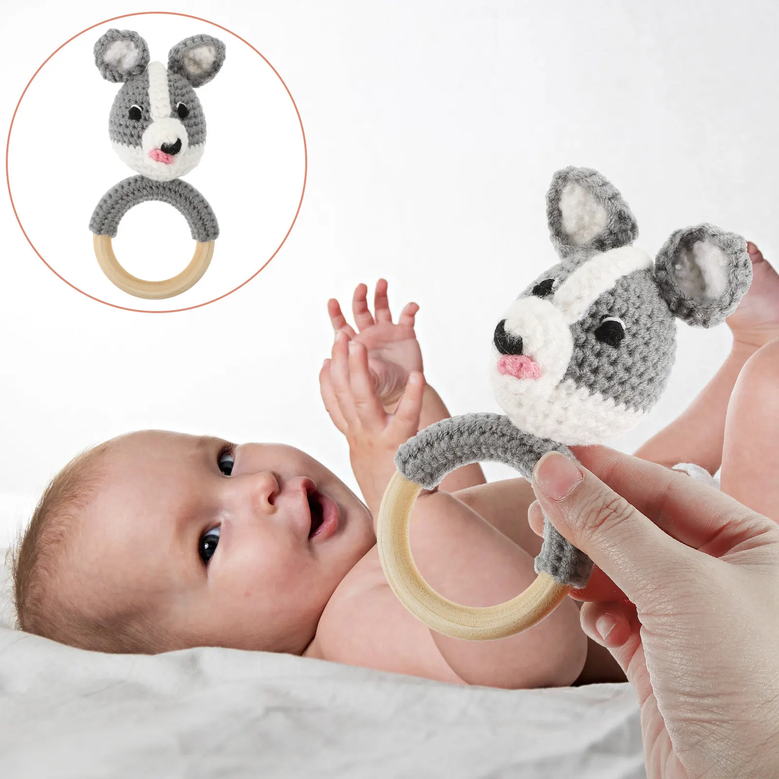 

Wooden Hand Rattle Baby Plaything Newborn Gift Cartoon Dog Design for Grasp Coordination Auditory Stimulation Infant Soothing
