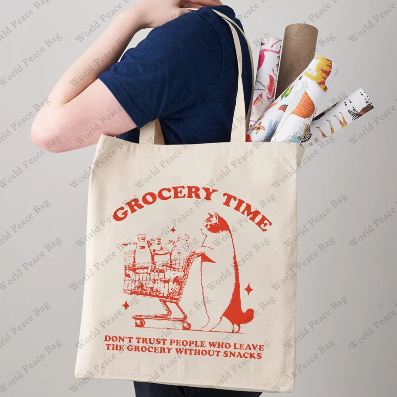 1pc Grocery Time Funny Cat Meme patternTote Bag Canvas Shoulder Bag For Travel Daily Commute Women\'s Reusable Shopping Bag