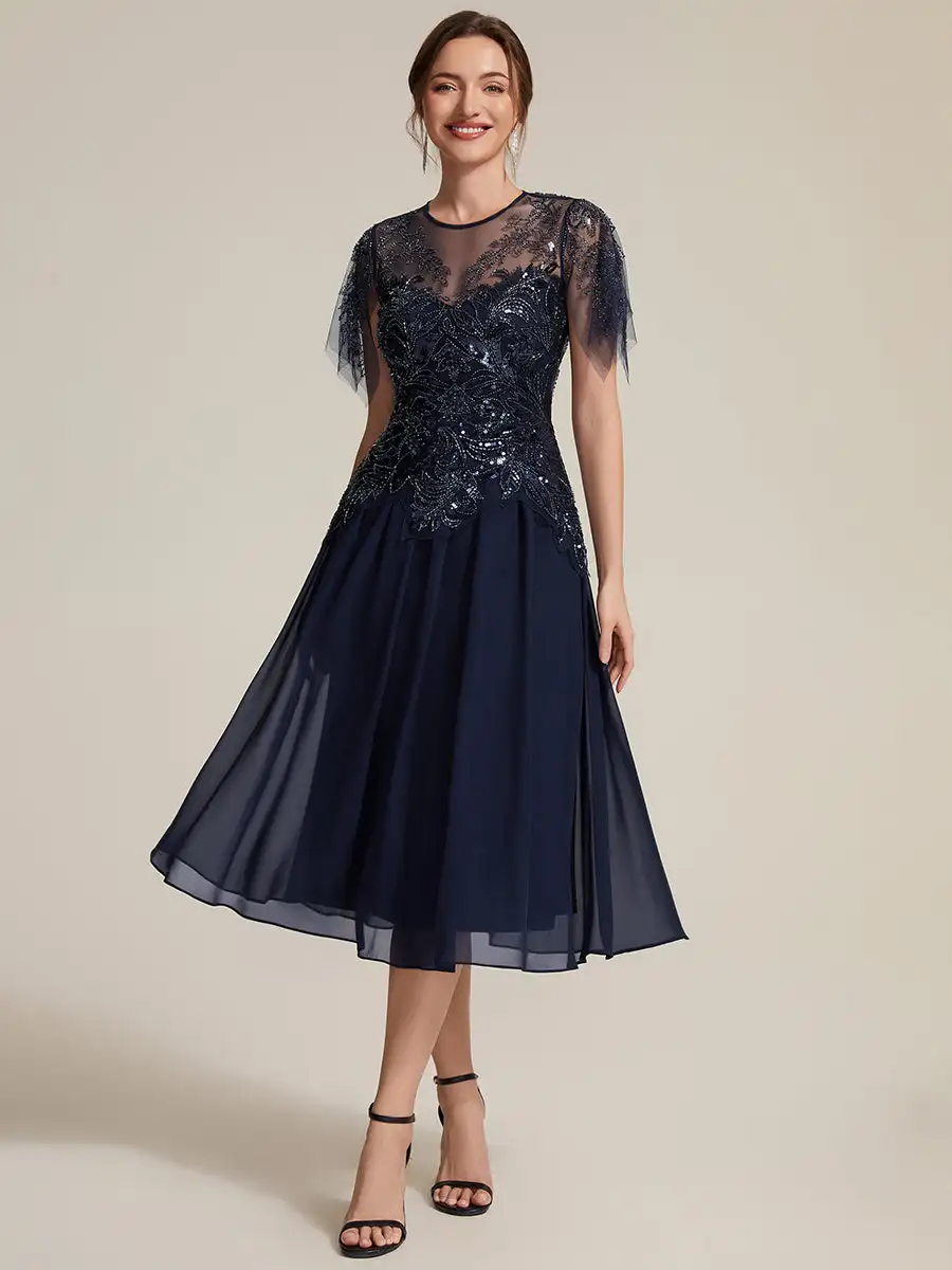 robes-de-demoiselle-d'honneur-en-tulle-coupe-trapeze-col-rond-manches-courtes-a-volants