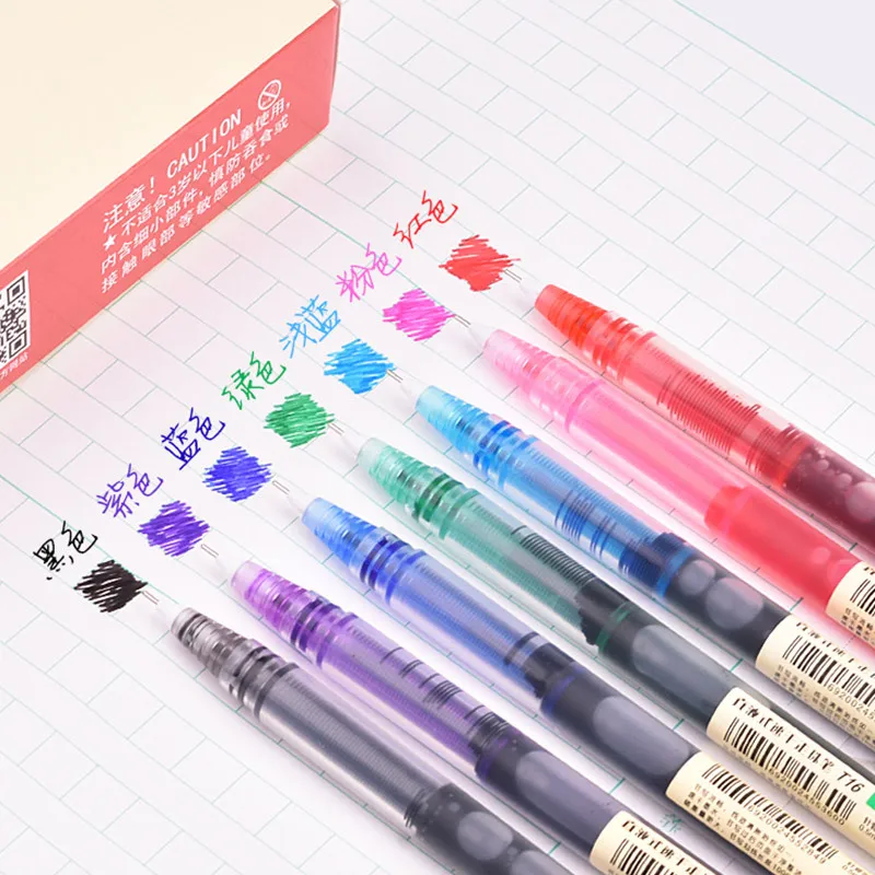 6/7 unids/set bolígrafo de 0,5mm tinta de Color negro/rojo/azul bolígrafo de Gel Rollerball líquido recto para la escuela papelería de oficina Kawaii