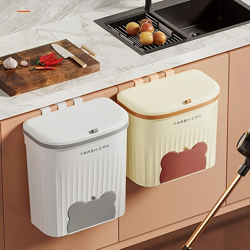 Punch-Free Self-Adhesive Wall Hanging Trash Can, Mini Waste Bin Stuck on Kitchen Cabinet Door-【white-small】