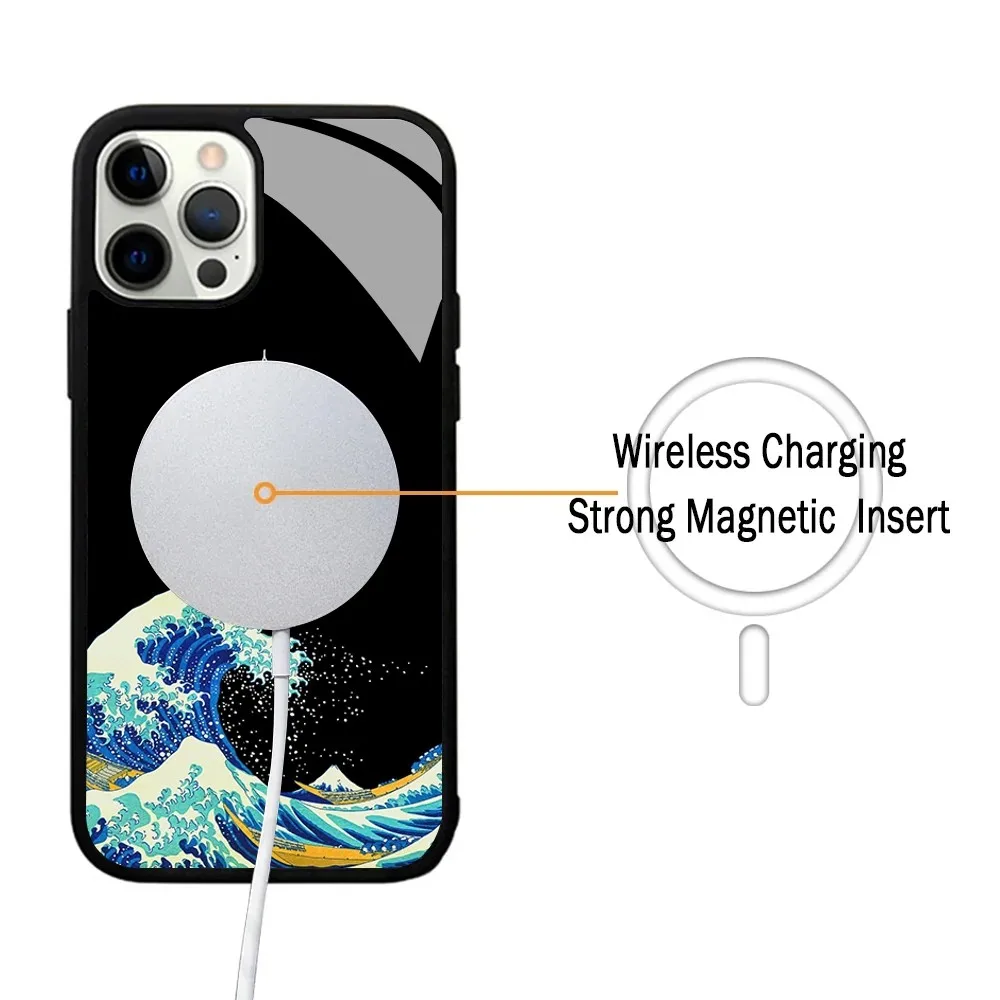 Japanese Style Waves Phone Case For IPhone 15 14 13 Pro Max 11 12 Mini Alex Mirror For Magsafe Wireless Charging Cover