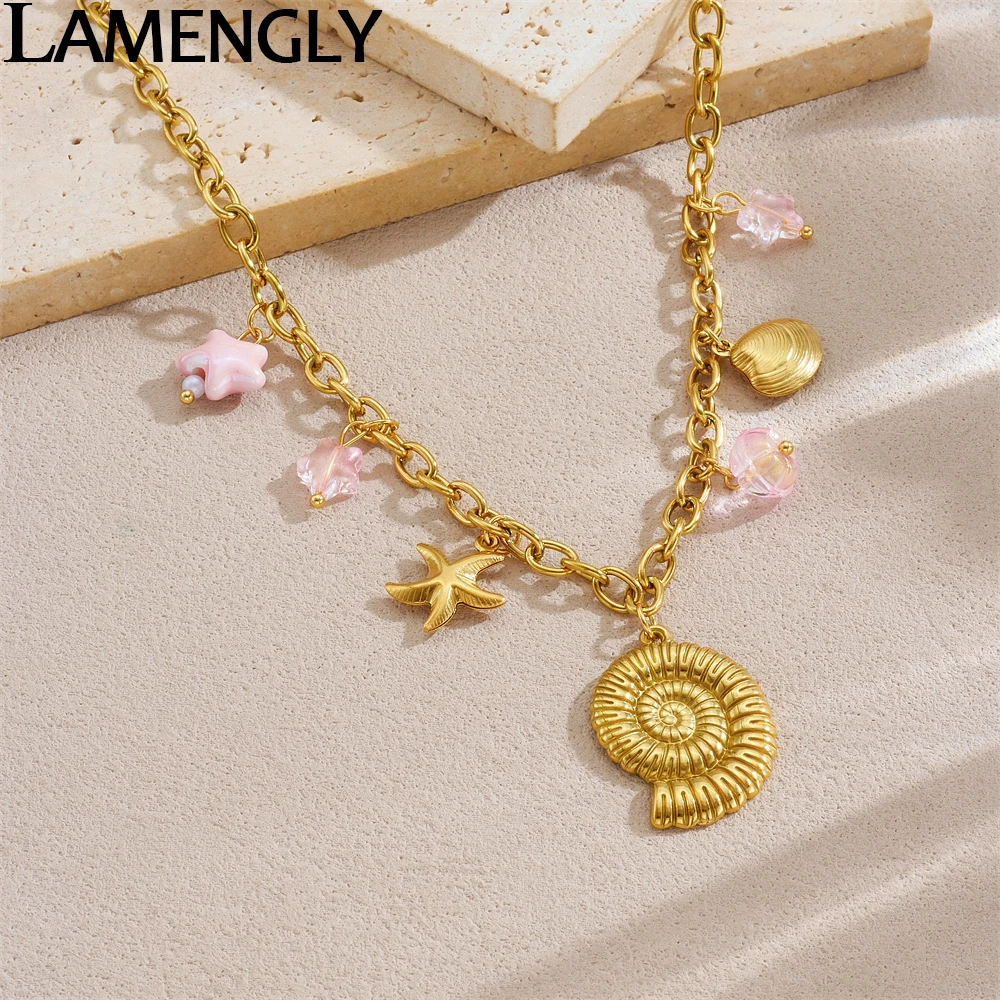 

LAMENGLY 316L Stainless Steel Geometric Spiral Conch Shell Starfish Pendant Necklace Women Summer Leisure Neck Chain Jewelry