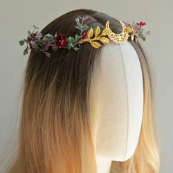 Woodland Elf Headdress Forehead Fairy Headband Retro Greek Goddess Leaf Moon Crown Moon Headband Renaissance Festival Crown