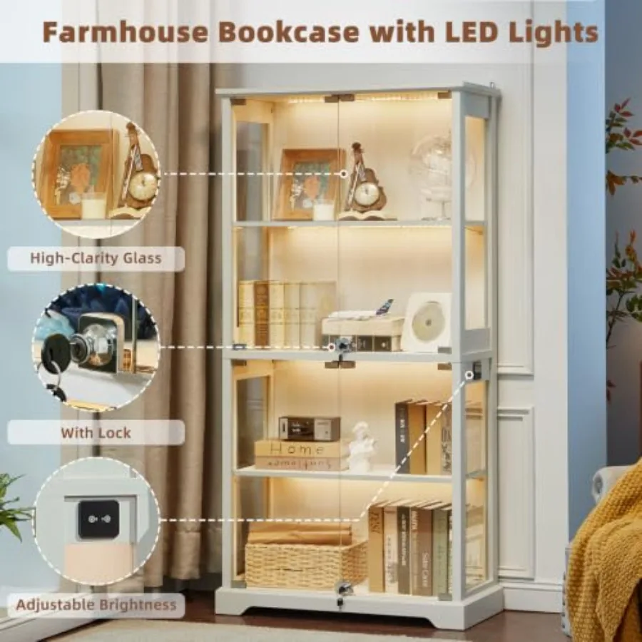 Farmhouse Glass Display Cabinet with Lock for living room, tempered glass and wood, white, secure locking mechanism view 4