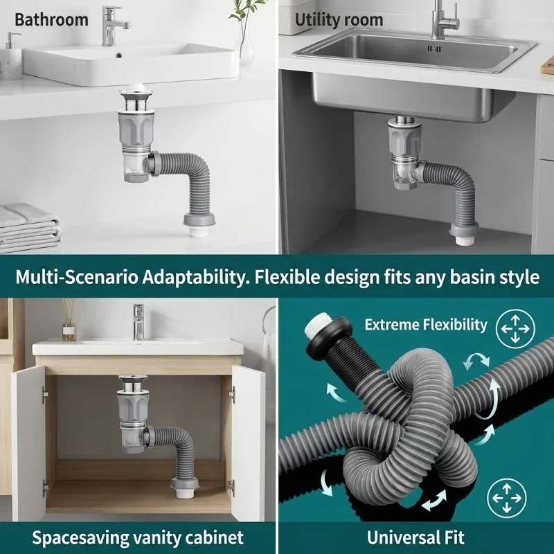 Home Bathroom Washbasin Drainage Assembly Flexible Anti Odor Sink Drain Pipe with Stopper for Sink Renovation  Plumbing Work