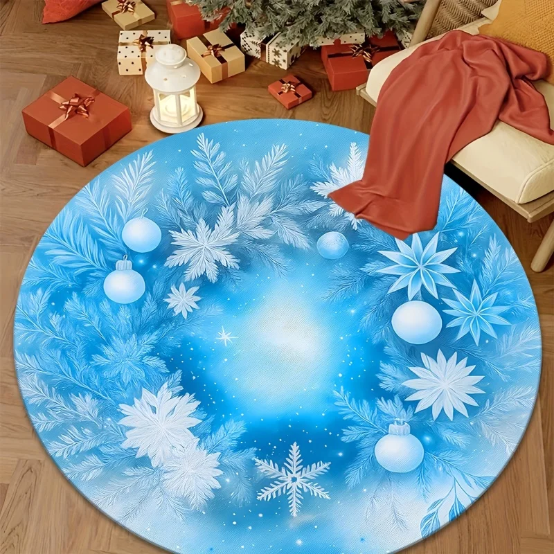 Light Blue Snow Cottage Round Carpet Snowy Cabin Shining Pine Tree Floating Snowflake Soft Watercolor Style Winter Holiday