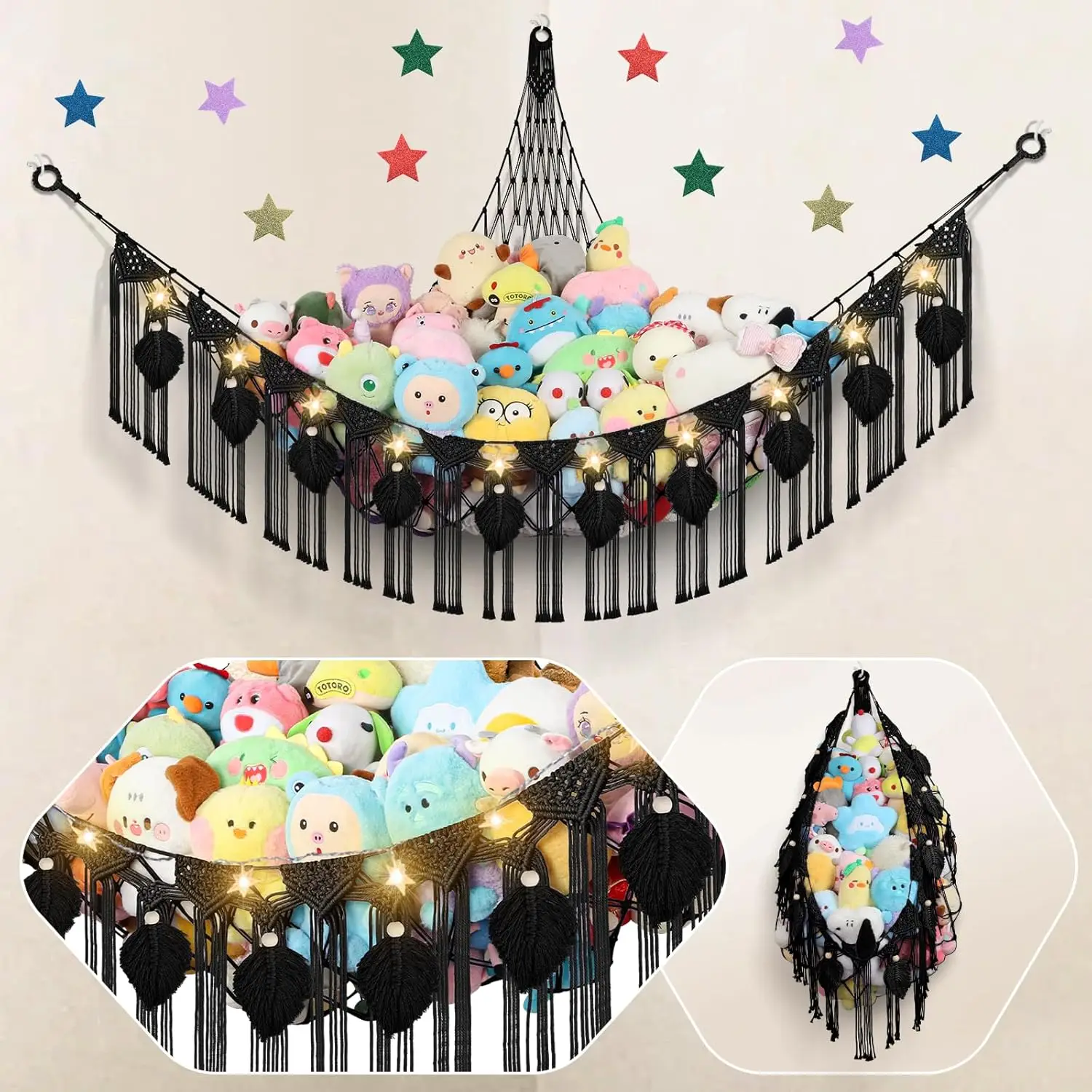 

82.7X59X59 H Jumbo Stuffed Animal Storage Hammo Corner, Bla Rame Leaf Hanging Stuffed Animal Net Organizer For Stuffy Plush,