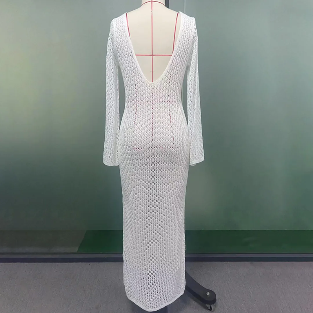 8 Farben, V-Ausschnitt, langärmeliges, gehäkeltes, gestricktes Tunika-Strandkleid, Strandmode, Strandbekleidung, Strand-Cover-up, Damen, V5046 – Detail 22