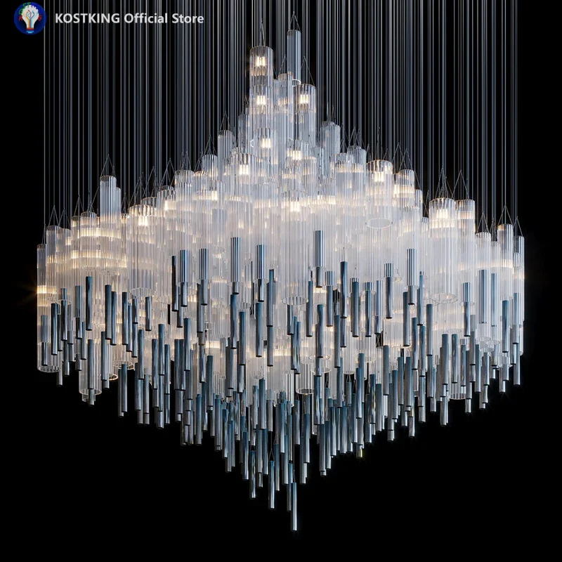 Project Custom Chandelier Lobby Hall Modern Led Glas Tube Crystal Chandelier Luxury Restaurant Bar Living Room Villa Duplex