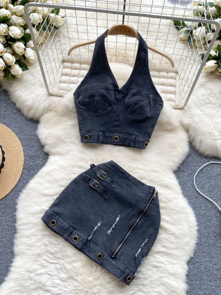 Women Y2K Denim Two Piece Set Summer Retro Halter V-neck Tank Top+high Waisted Short Wrap Skirt Streetwear Suits Female Outfits