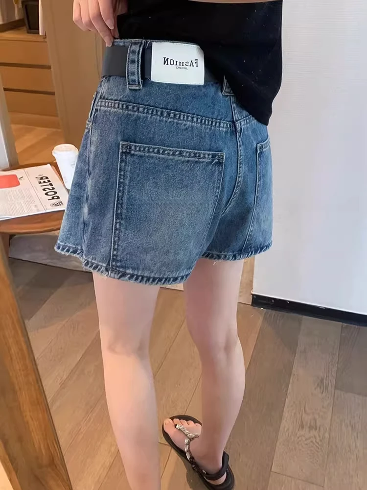 Falda de Cintura Alta, Línea A, Estilo Denim Retro Azul, para Mujer, Verano, Nueva, Talla Grande, Adelgazante, Pantalones Cortos, Estilo Coreano, Poliéster...