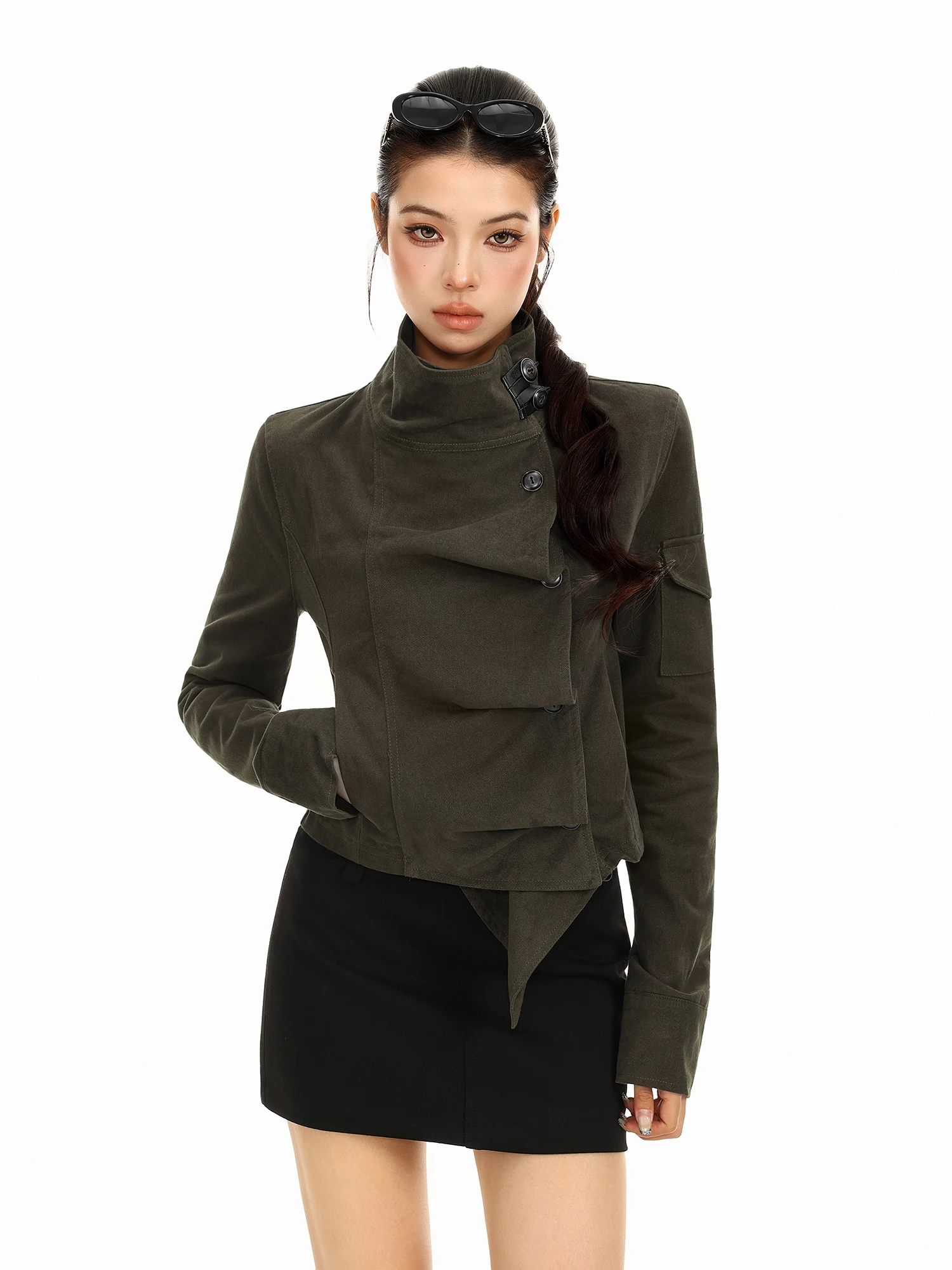 American Retro Deconstructed Stand Collar Open Cardigan Jacket Women's Design Sense Buttoned Pleated Short Coat Top