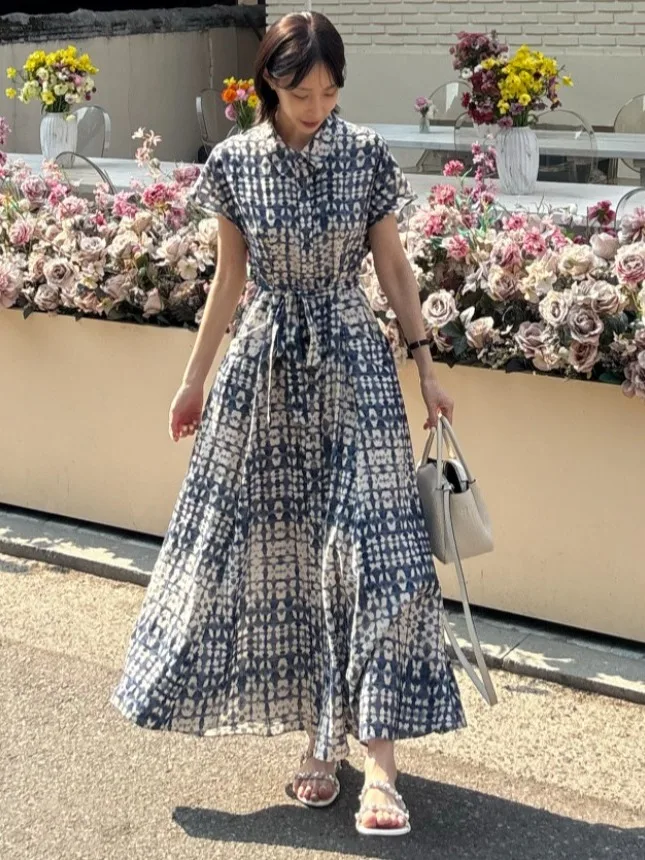 

Summer New Women's Geometric Print ort Sve Dr Waist-Cinching Long Dr Vintage Ele Knot Waist Design Holiday Sle