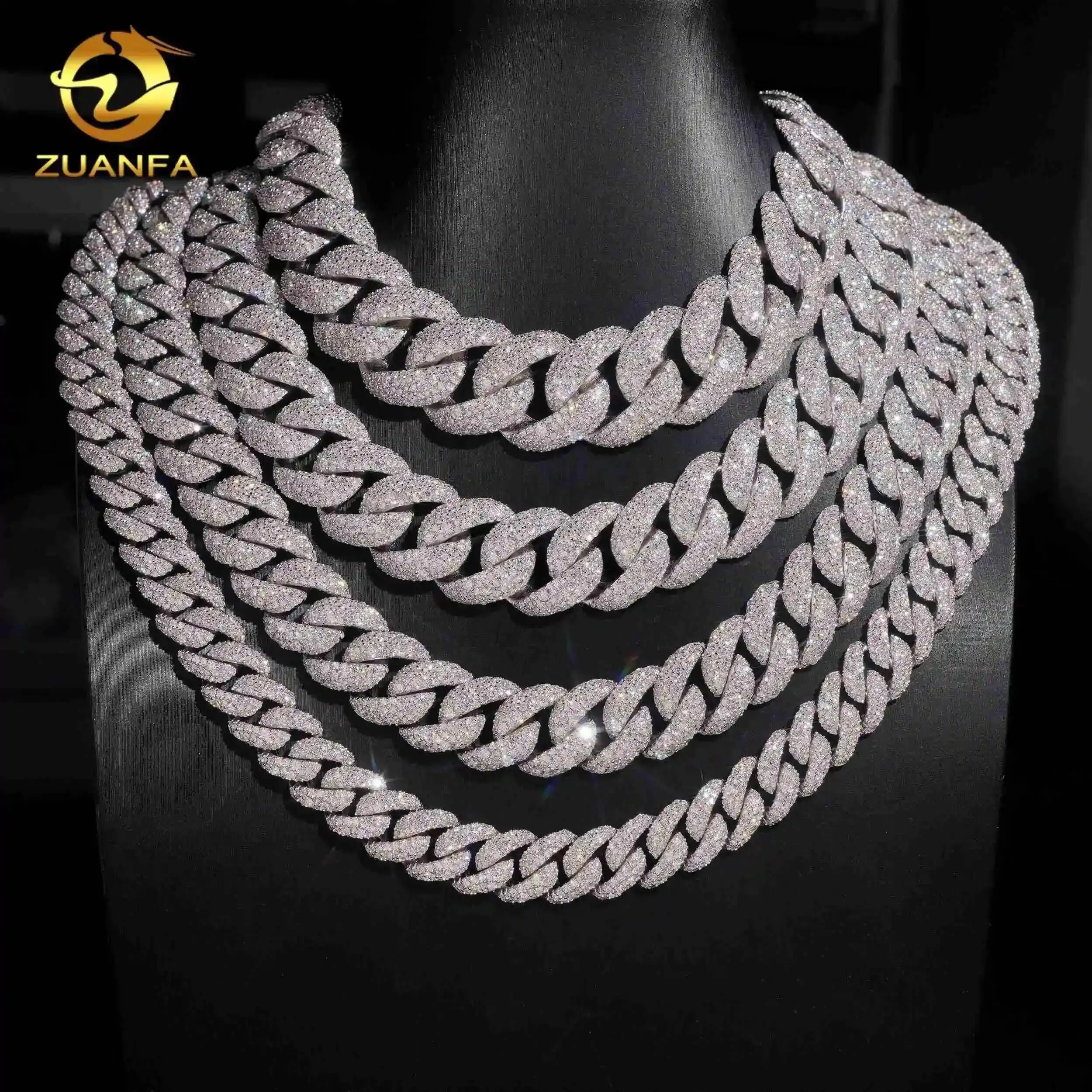 

Mosaic Setting Iced Out 12mm 15mm 18mm 20mm Hip Hop Mens 925 Silver Moissanite Cuban Link Chain