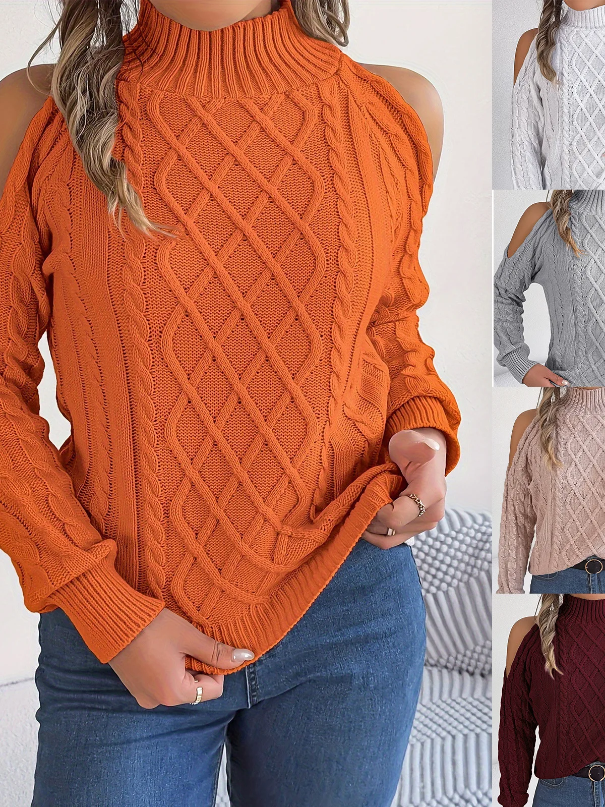 

Street Sle Off-oulder Pullover Sweater f High Collar Warm Knitted Long Sve Top for Women in Autumn And Winter