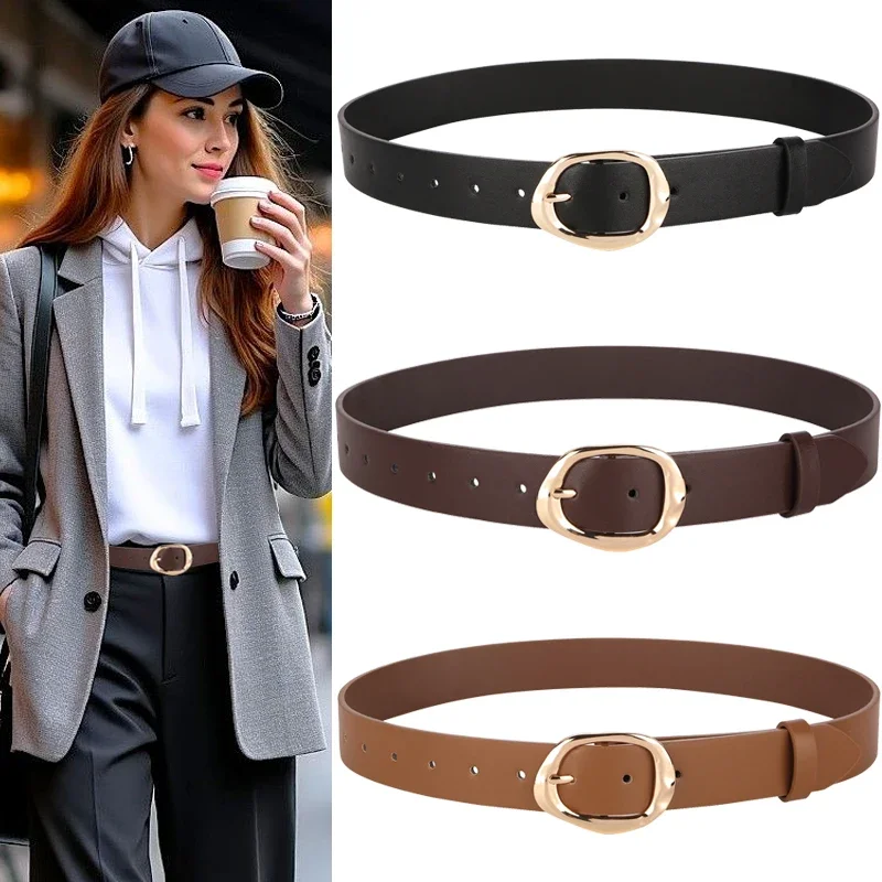 Women's Fashion Wide PU Leather Belt 3.3cm with Metal Geometric Pin Buckle Retro Style Waist Belt for Jeans Pants and Skirts