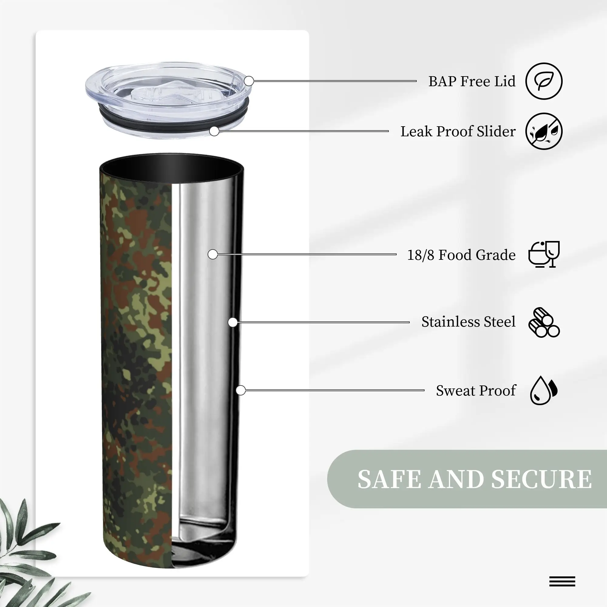 Flecktarn Camo Tumbler Vacuum Insulated Thermal Mug 20oz Double Wall Spill Proof Tags Coffee Cups With Lid Straw Water Bottle - view 5
