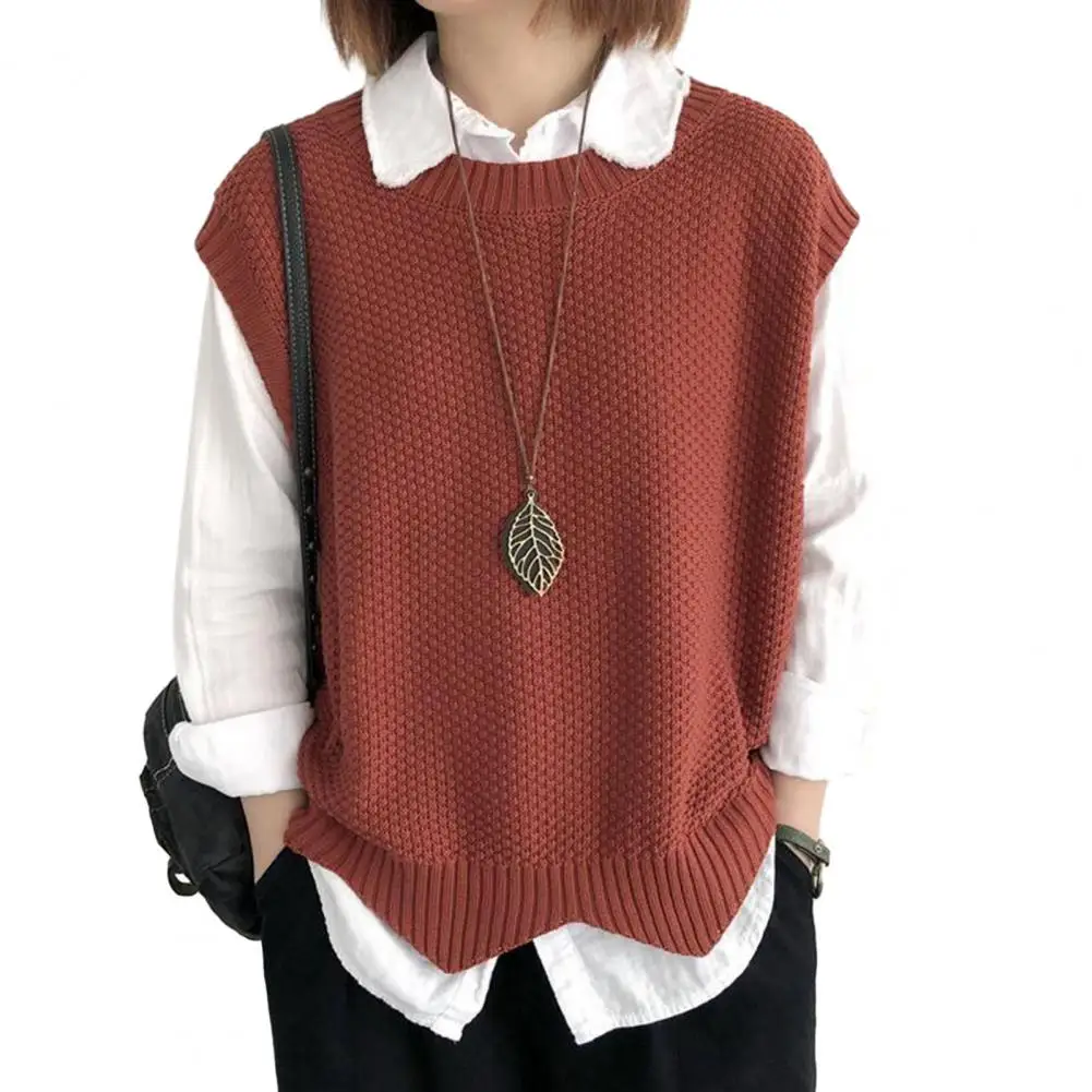 Elegant Women Knitted Vest Autumn Winter O Neck Wavy Hem Warm Loose Female Waistcoat Sleeveless Top Knitwear