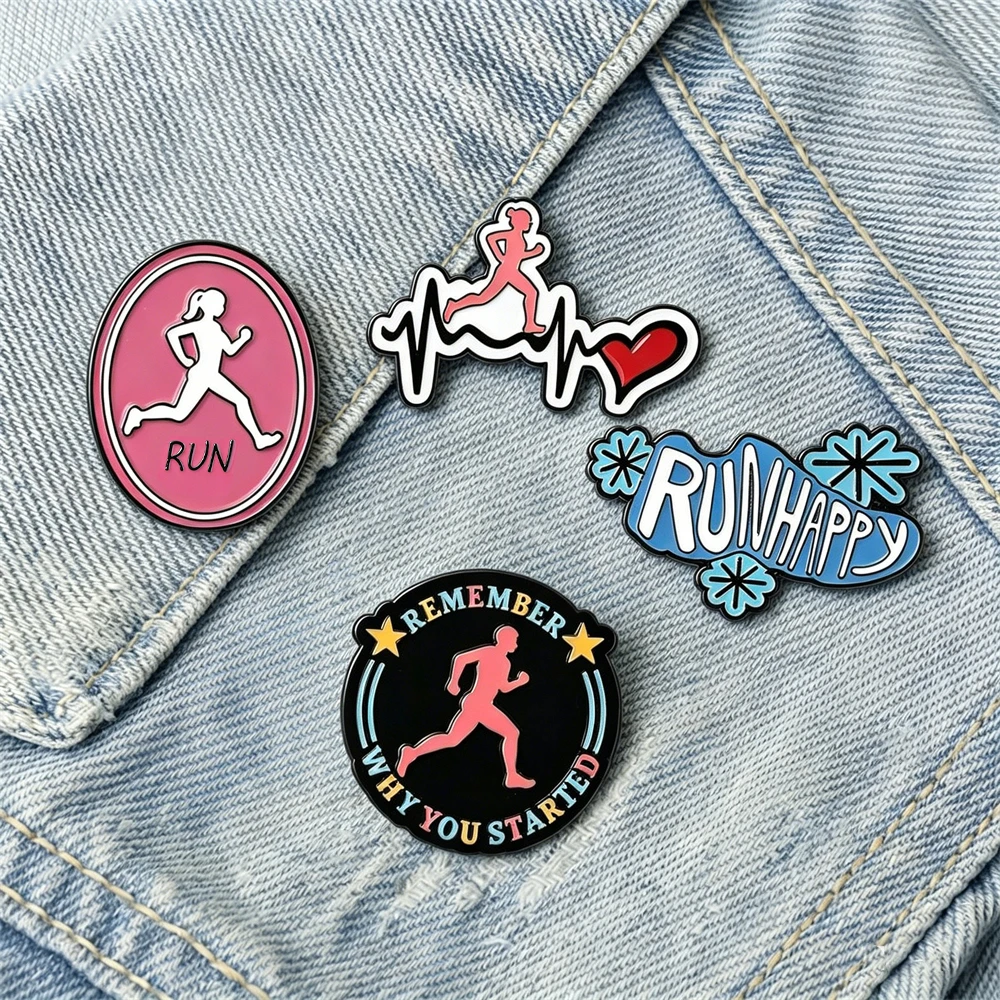 Cute Happy Run Enamel Brooch Heartbeat Runner Lapel Pin Sports Motivational Badge Backpack Clothes Accessories Gifts For Friends