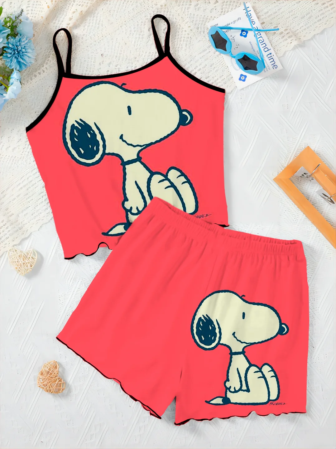 T-shirt Pajama Skirt Snoopy Pants Sets for Women 2 Pieces Lettuce Trim Top Slip Dress Short Elegant Women's Suit Set Woman Chic