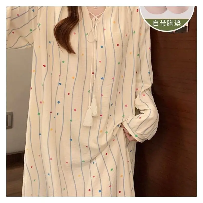 Women's Pajama Set Fashion Homewear Nightgown Soft Cotton With Built In Bra Midi Length Long Sleeve Sweet Princess Home Wear50