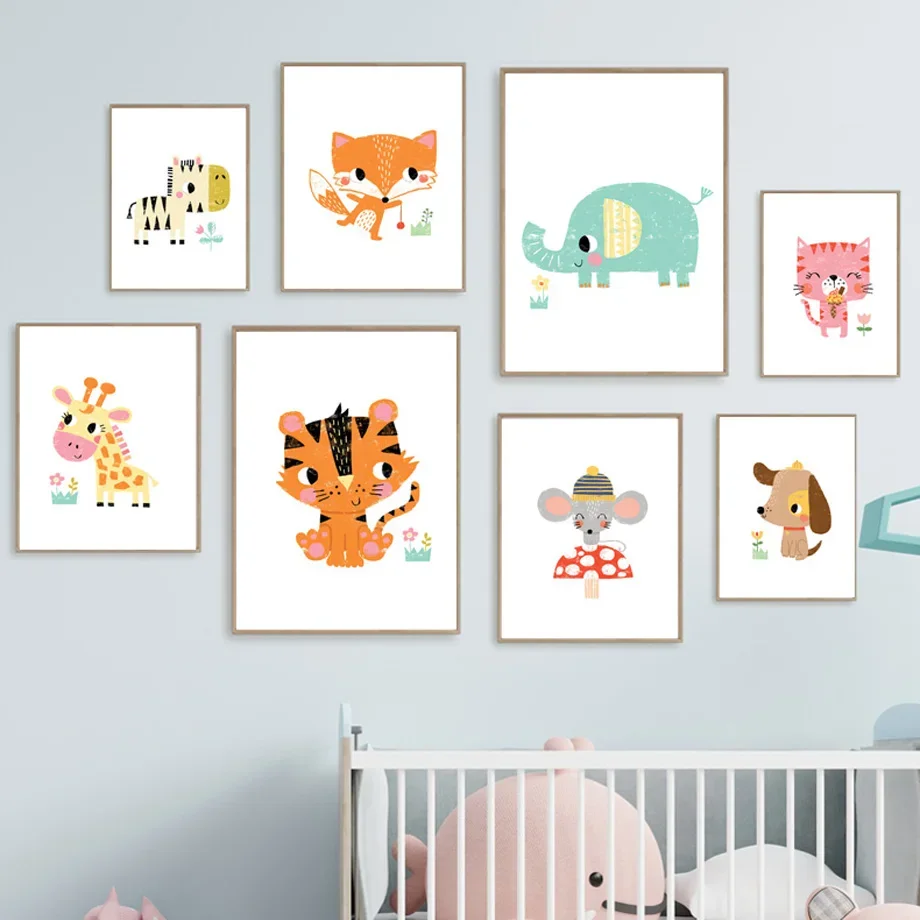 Multiple sizes 1pc frameless Canvas Painting,1pc frameless Canvas Painting Cartoon Baby Animal Nursery Wall Art Prints Cute Colo