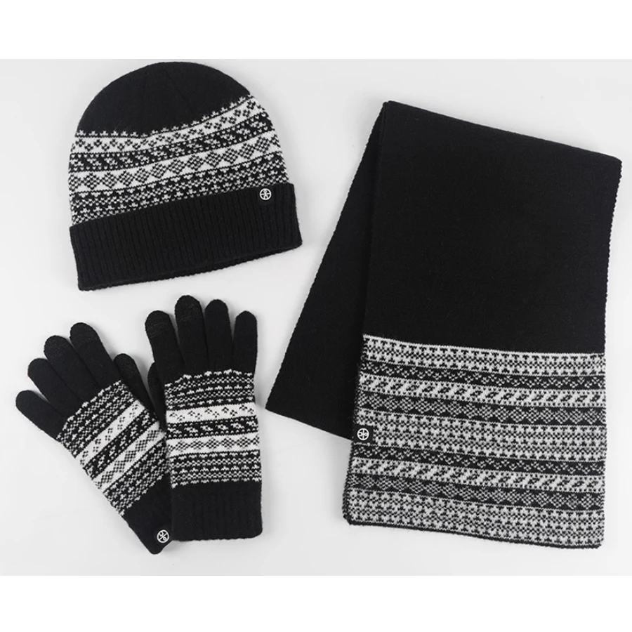 Damskie Męskie 3-częściowe Zestawy Zimowe Czapka Szalik Rękawiczki Dzianinowe Czapki Zestaw Klasyczna Krata Paski Długi Szalik Rękawiczki Dotykowe Czarny Czerwony Szary