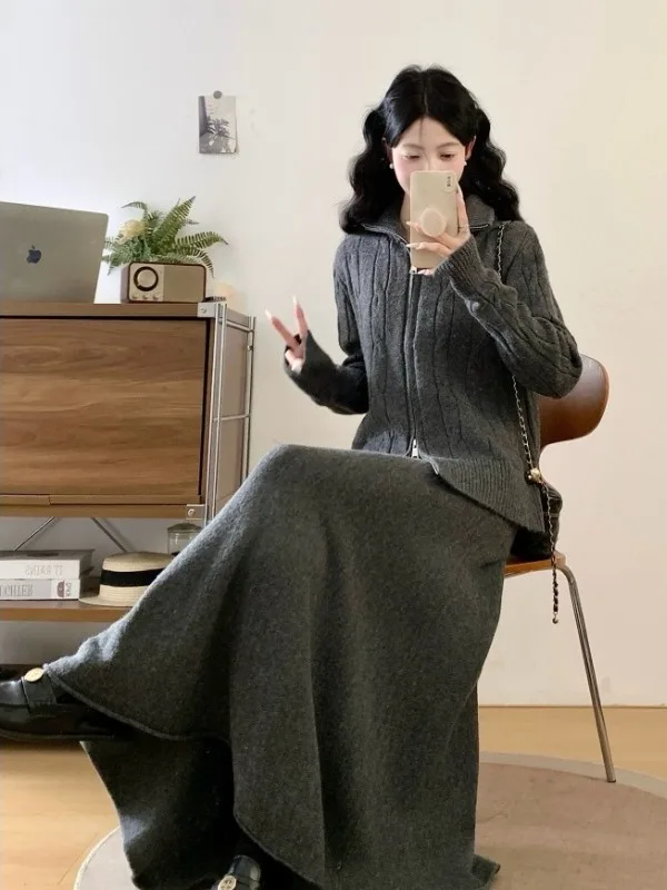 Großes Herbst-Winter-Set aus Strickpullover und Rock, zweiteiliges Ensemble, grob gestrickte Kleidung im koreanischen Stil für den Alltag.