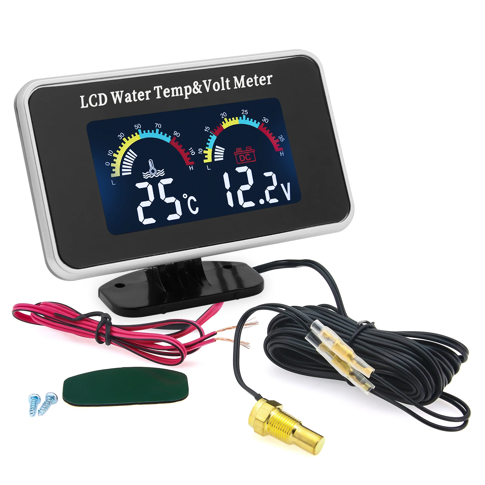 Waterproof LCD Digital Car Truck Voltmeter Water Temp Gauge Temperature Sensor 10mm Temperature volt meter 12v Voltage 2 in 1