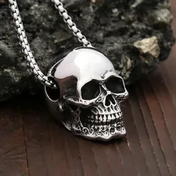 Vintage High Polish Skull Pendant Stainless Steel Punk Hip Hop Skeleton Necklace For Men Gothic Party Jewelry Gifts Dropshipping