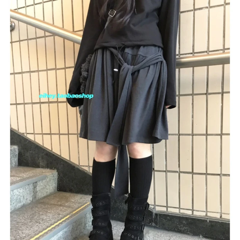 

Korean Fashion Irregular Pleated A-line Skirt Women 2024 Spring New High-waisted Lace Up Loose Casual Knee-length Skirt